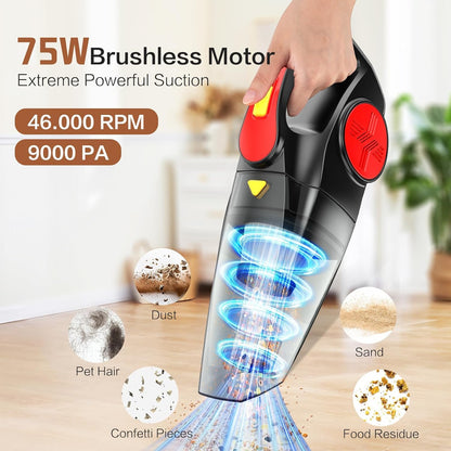 Aspirador De Mano Sin Cable Potente, Aspirador Coche Portátil 9000 Pa Con Batería Recargable Dos Filtros HEPA Lavable Y Reutilizable, Aspiradora De Carga Rápida 75W Para Hogar Coche Y Mascotas